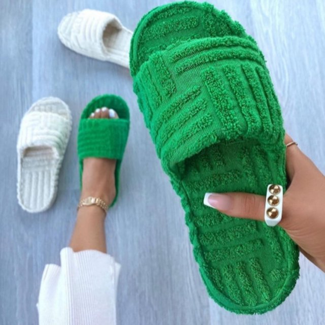 Luxury Brand Peep Toe Thick Sole Women Slippers Green Corduroy Flat Outwear Ladies Slides Summer Autumn Runway Flip Flops Women - The Well Being The Well Being green / 36 Ludovick-TMB Luxury Brand Peep Toe Thick Sole Women Slippers Green Corduroy Flat Outwear Ladies Slides Summer Autumn Runway Flip Flops Women