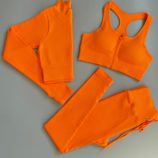 Seamless Yoga Set Workout Sportswear Gym Clothing Drawstring High Waist Leggings Fitness Sports Suits - The Well Being The Well Being 3pcs SetOrange / S Ludovick-TMB Seamless Yoga Set Workout Sportswear Gym Clothing Drawstring High Waist Leggings Fitness Sports Suits