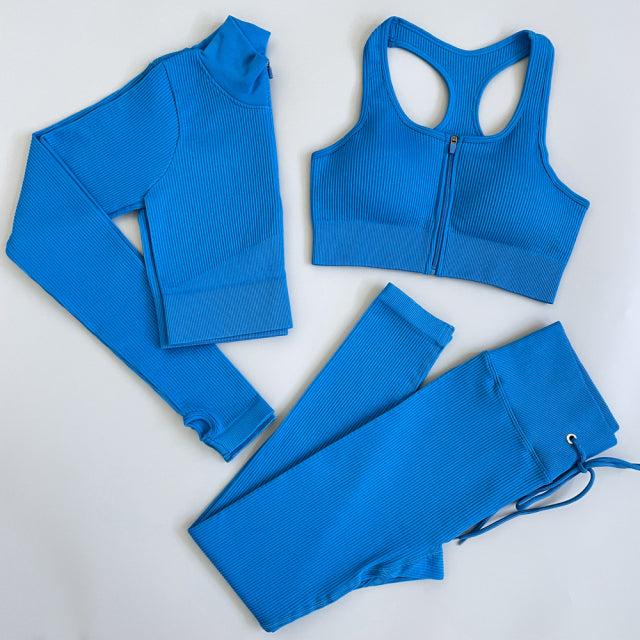 Seamless Yoga Set Workout Sportswear Gym Clothing Drawstring High Waist Leggings Fitness Sports Suits - The Well Being The Well Being 3pcs SetBlue / M Ludovick-TMB Seamless Yoga Set Workout Sportswear Gym Clothing Drawstring High Waist Leggings Fitness Sports Suits
