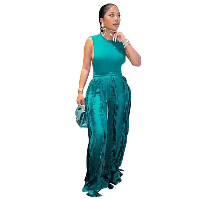 Suit and Tassel Pants Set Two Piece Set Fringe Wide Leg Trousers - The Well Being The Well Being green / 4XL / United States Ludovick-TMB Suit and Tassel Pants Set Two Piece Set Fringe Wide Leg Trousers