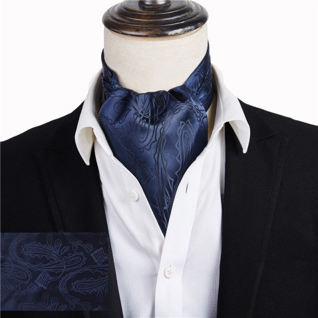 Wine Blue Floral Cravat Silk Ascot Scarf Tie Pocket Square Set - The Well Being The Well Being A20 Ludovick-TMB Wine Blue Floral Cravat Silk Ascot Scarf Tie Pocket Square Set