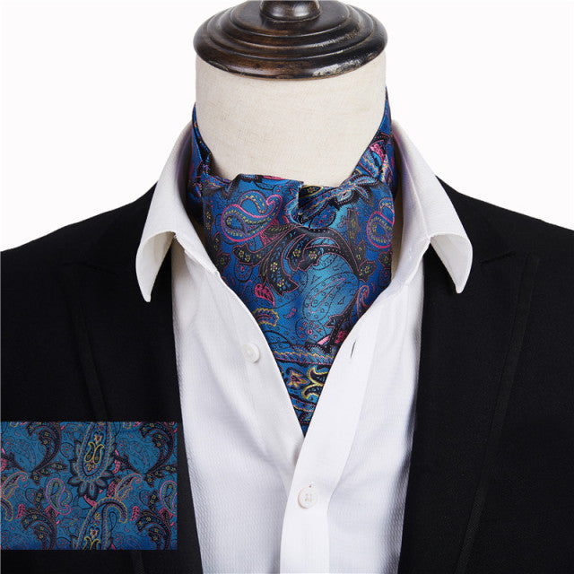 Wine Blue Floral Cravat Silk Ascot Scarf Tie Pocket Square Set - The Well Being The Well Being A26 Ludovick-TMB Wine Blue Floral Cravat Silk Ascot Scarf Tie Pocket Square Set