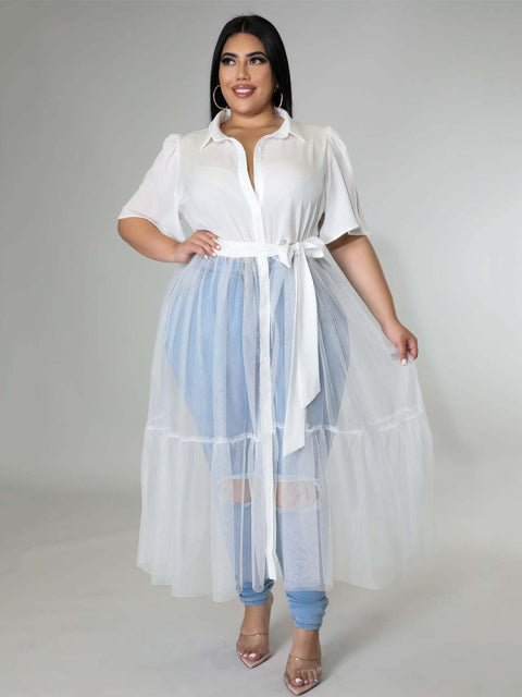 Summer Mesh Dress Fashion Elegant Big Lady Chiffon Shirt Dress - The Well Being The Well Being white / XL / 176 Ludovick-TMB Summer Mesh Dress Fashion Elegant Big Lady Chiffon Shirt Dress